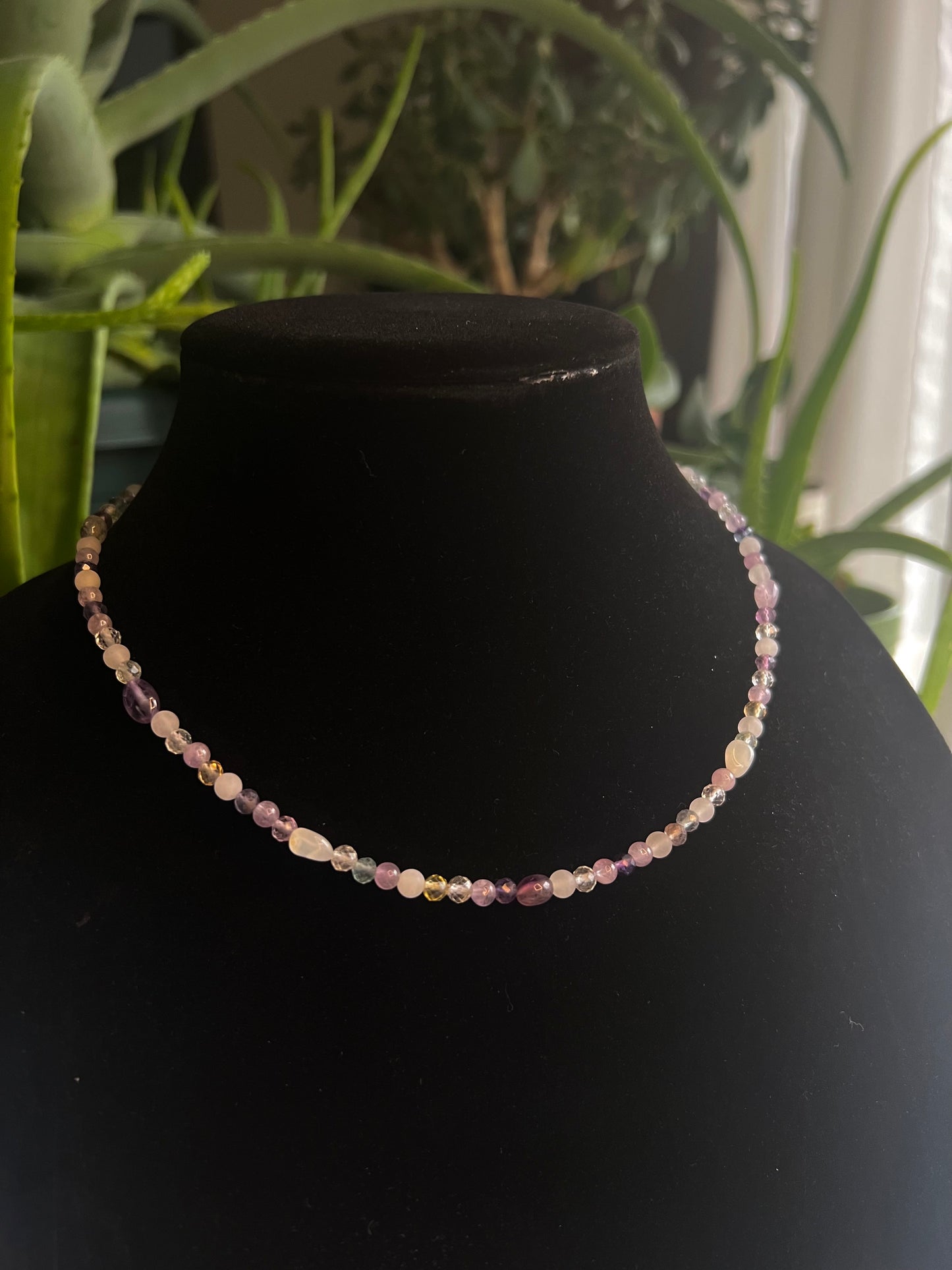 Fluorite, Topaz, Moonstone, Amethyst, and White Jade Fairy Necklace