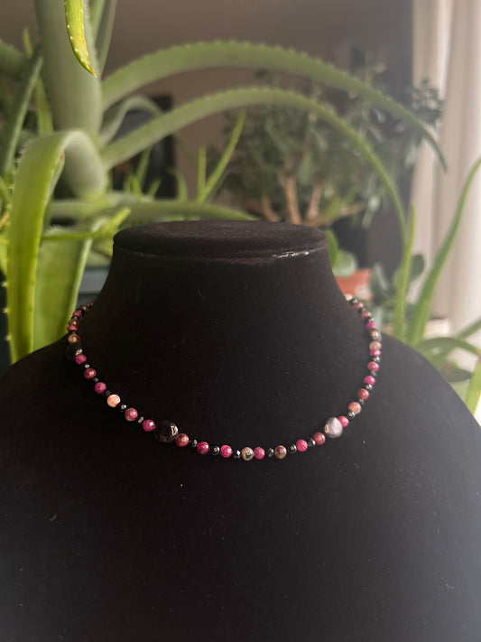 Ruby, Black Onyx, Mauve Tourmaline, and Black Spinel Choker