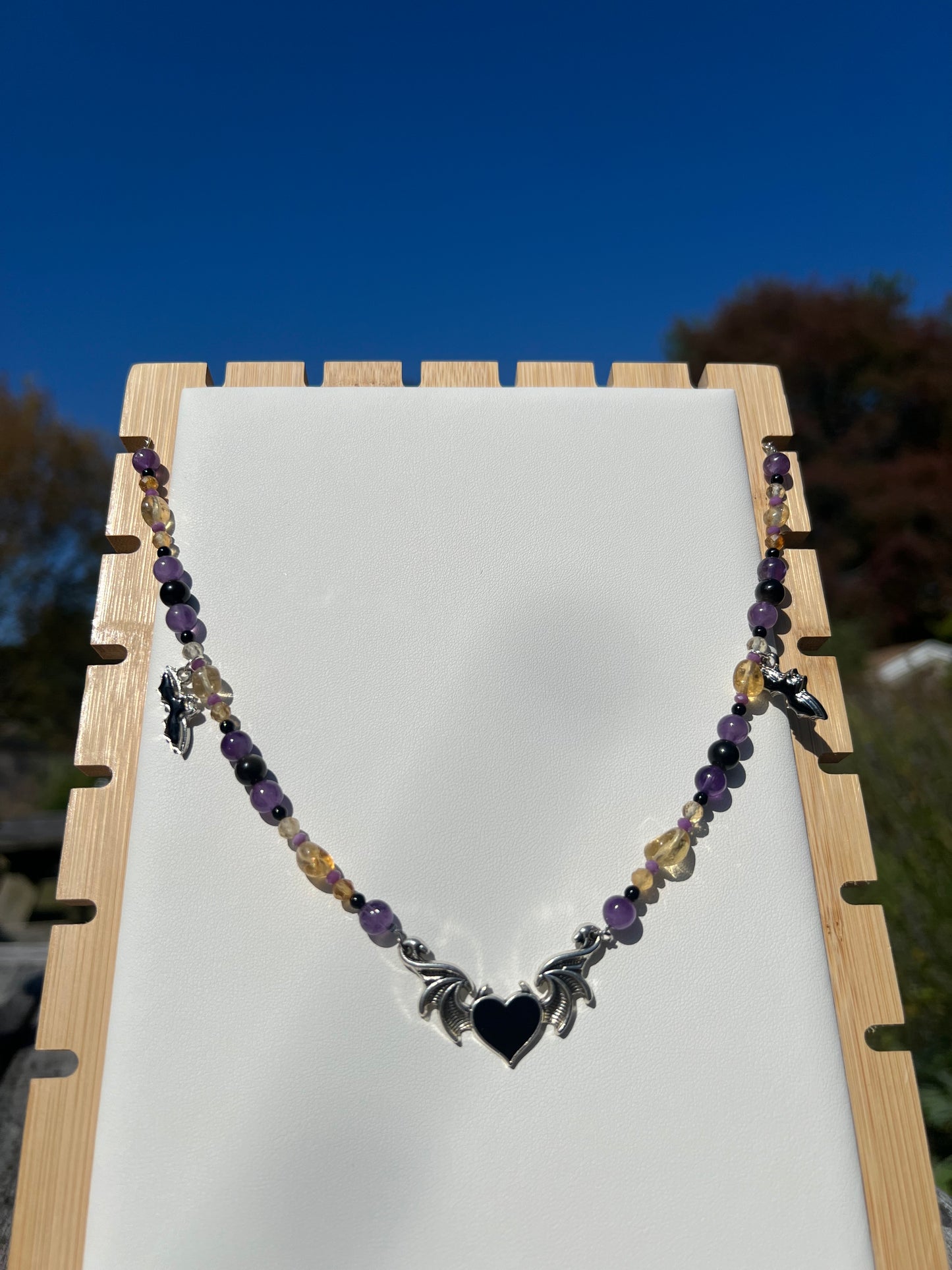 Citrine, Amethyst, Phosphosiderite, Silver Sheen Obsidian, Black Onyx Spooky Necklace