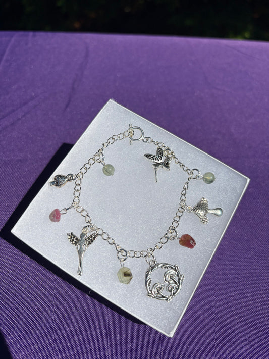 Pink Tourmaline & Prehnite Mushie Fairies Charm Bracelet