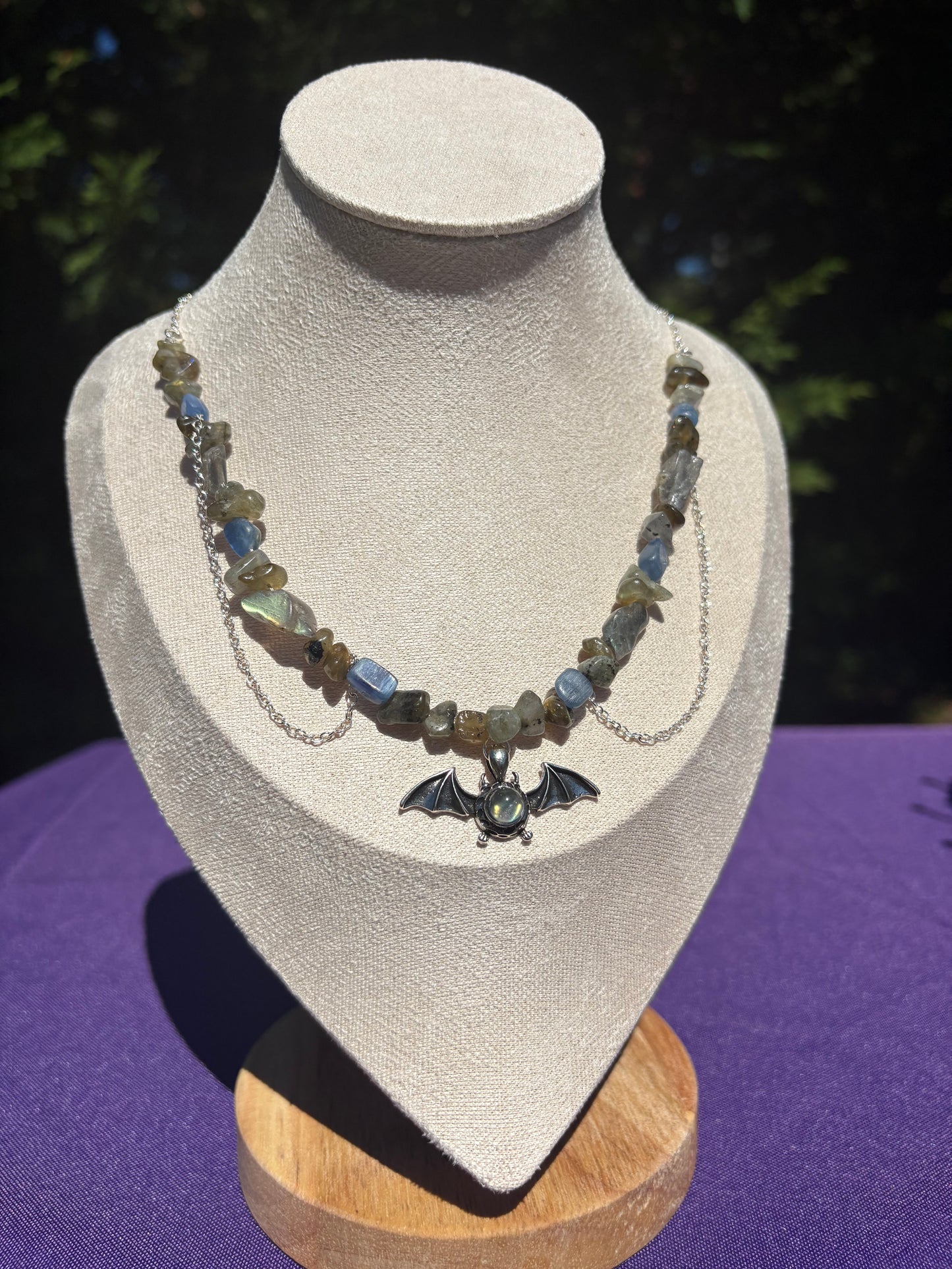 Blue Kyanite & Labradorite Bat Spooky Necklace