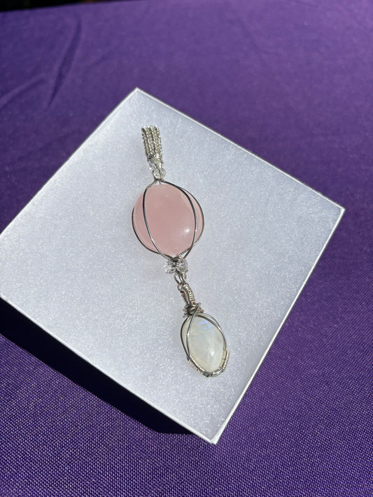Rose Quartz, Rainbow Moonstone, Topaz Double Tiered Pendant