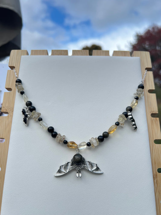 Golden Sheen Obsidian, Citrine, Golden Rutilated Quartz, Black Spinel Spooky Necklace