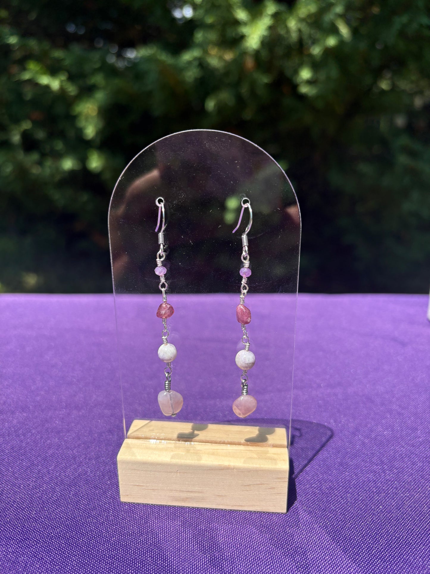Pink Tourmaline, Purple Tiffany Stone, Lepidolite, and Rose Quartz earrings