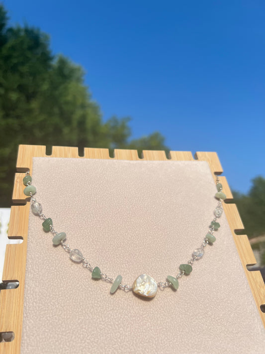 Green Aventurine & Burmese Jade & Topaz & Mother of Pearl mermaid necklace