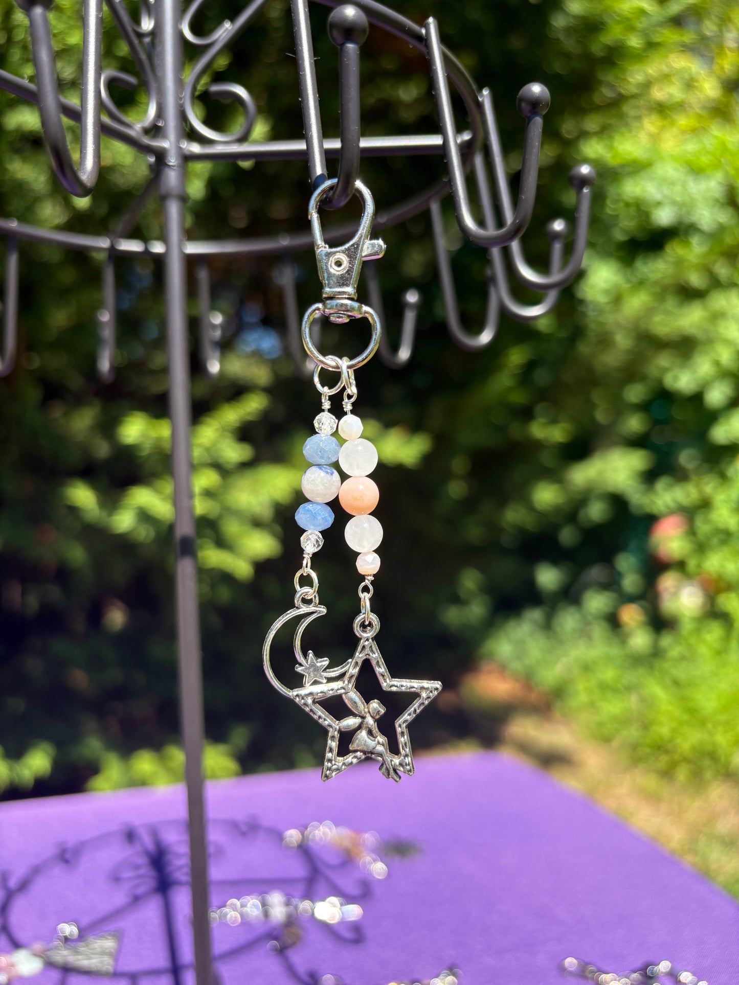 Pink Opal, White Jade, Topaz, Dumortierite in Quartz, Blue Aventurine Star & Moon Charm