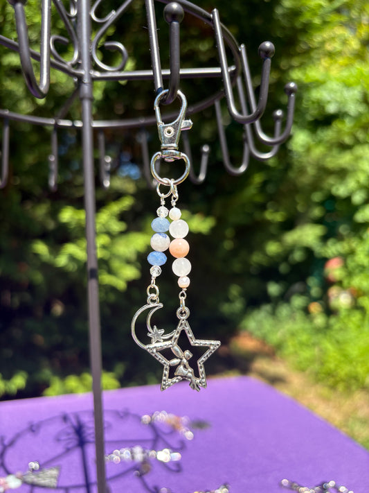 Pink Opal, White Jade, Topaz, Dumortierite in Quartz, Blue Aventurine Star & Moon Charm