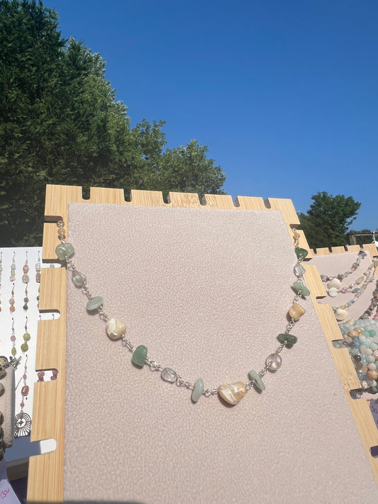 Green Aventurine & Burmese Jade & Topaz & Mother of Pearl mermaid necklace