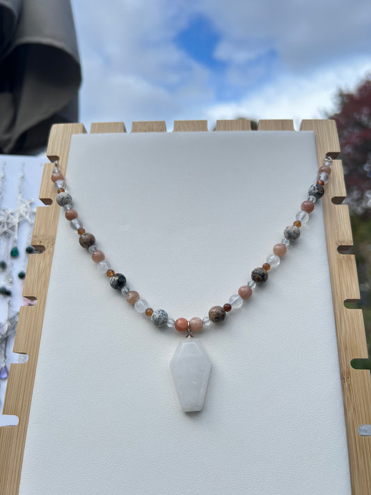 Black Dendritic Opal, Peach Moonstone, Clear Quartz, Hessonite Garnet Spooky Necklace