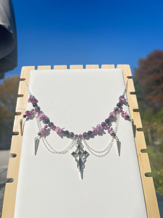Purple Mica, Black Tourmaline, Fluorite, Black Spinel, & Ruby Spooky choker
