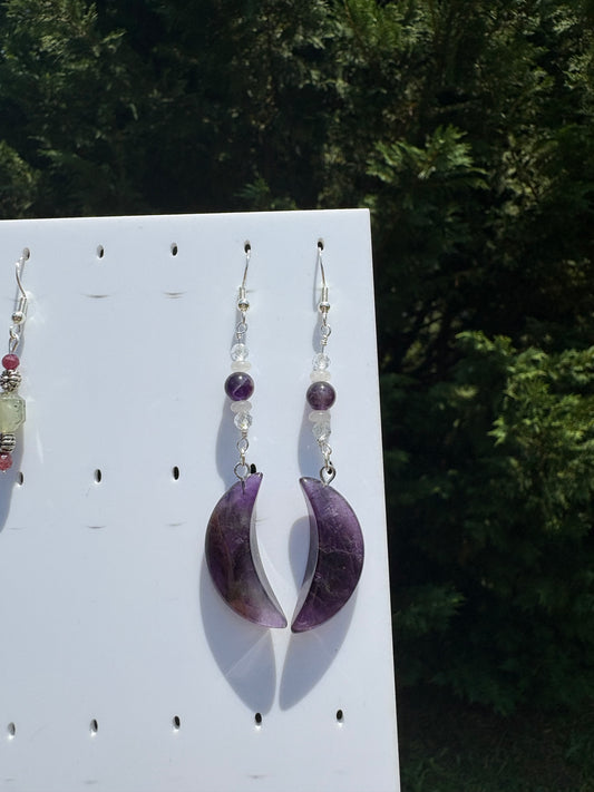 Amethyst, Topaz, & White Jade moon earrings