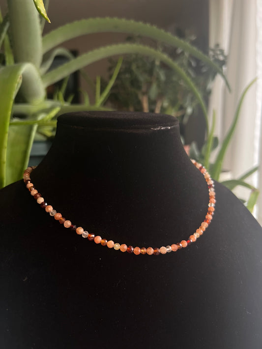 Hessonite Garnet, Sunstone, and Rutilated Quartz Necklace