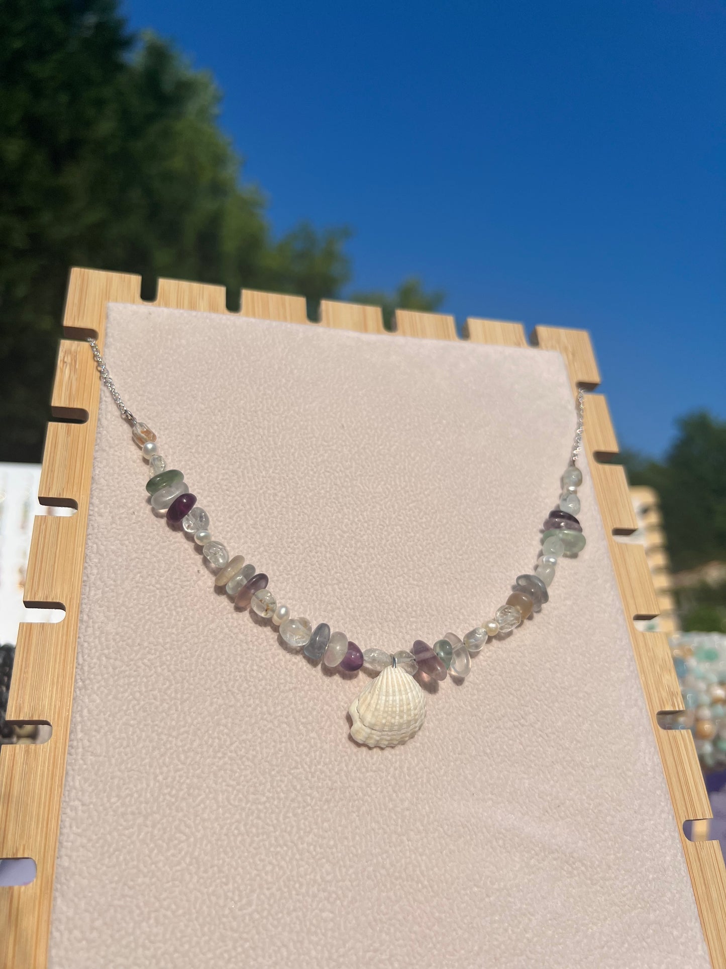 Fluorite & Topaz & Freshwater Pearl & Arca Shell mermaid necklace
