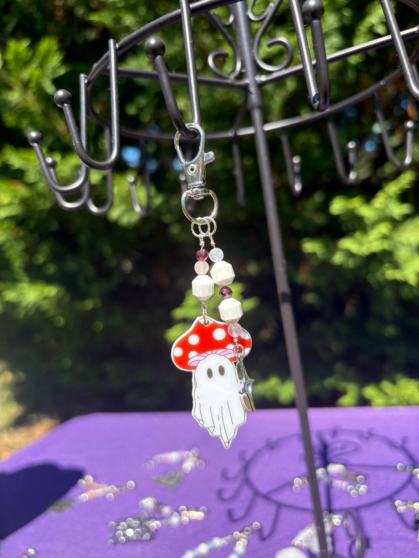 Howlite, Garnet, Clear Quartz Mushie Ghost Charm