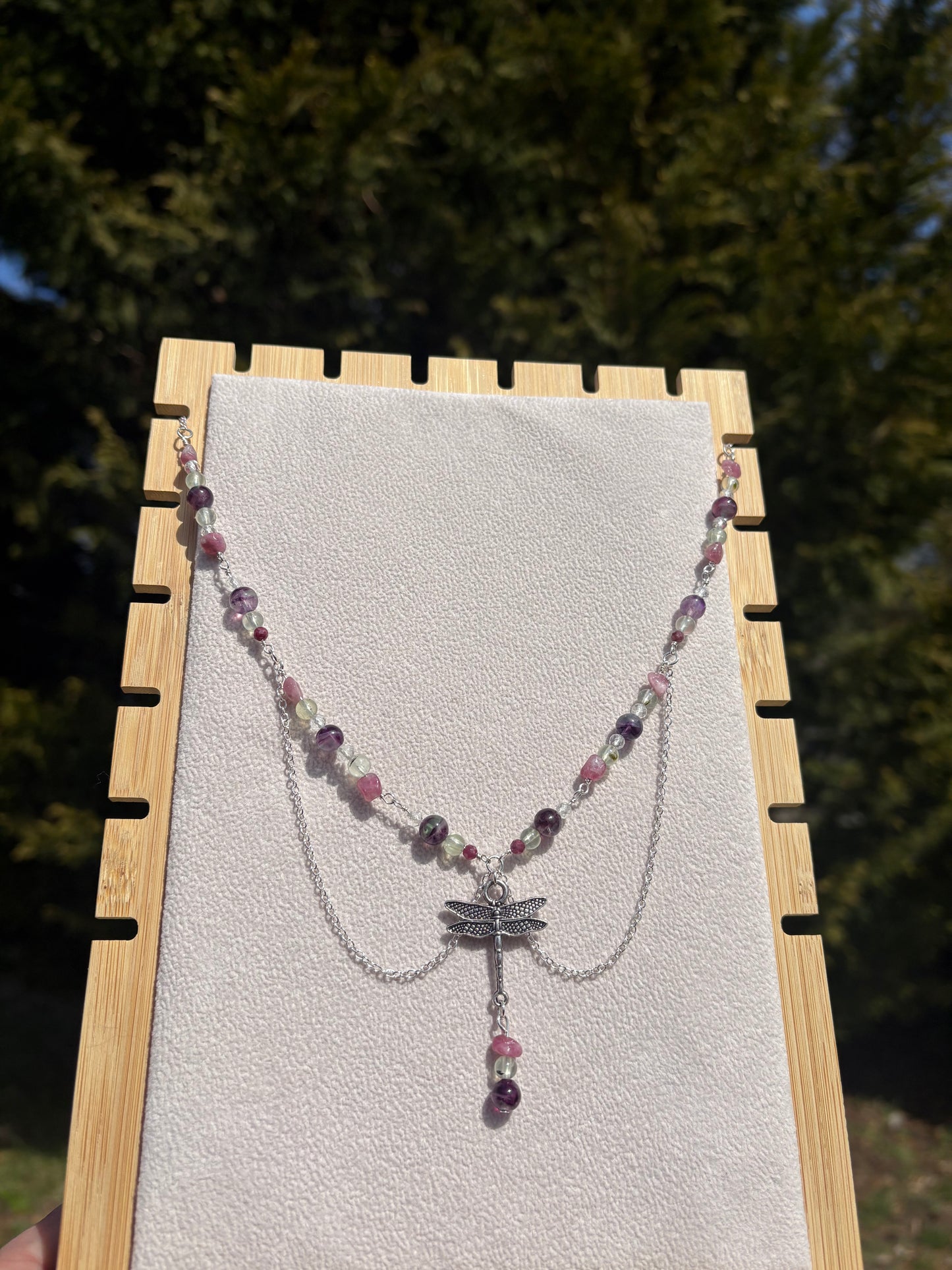 Pink Tourmaline, Prehnite, Fluorite & Topaz Dragonfly necklace