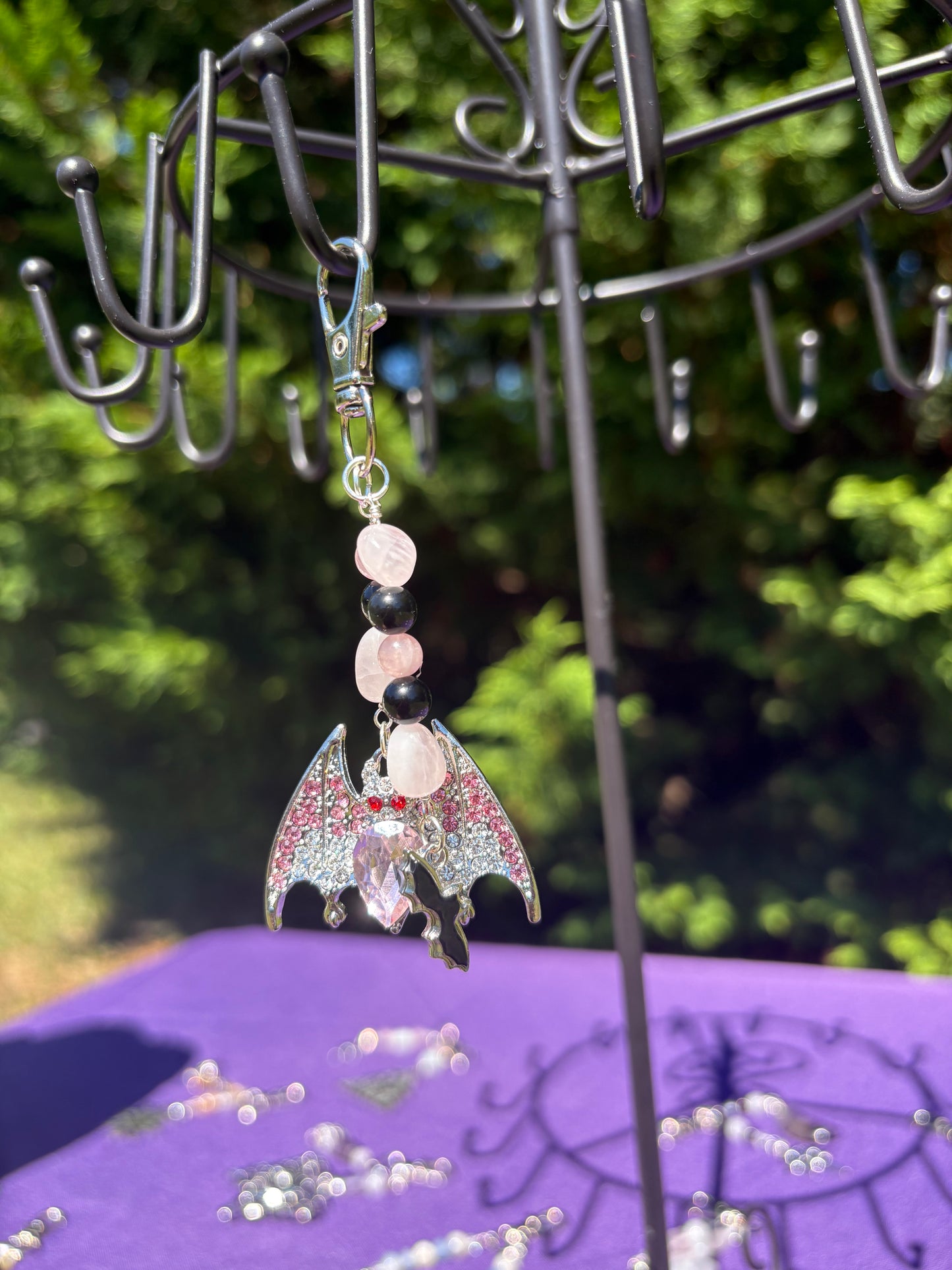 Rose Quartz & Rainbow Obsidian Bat Charm