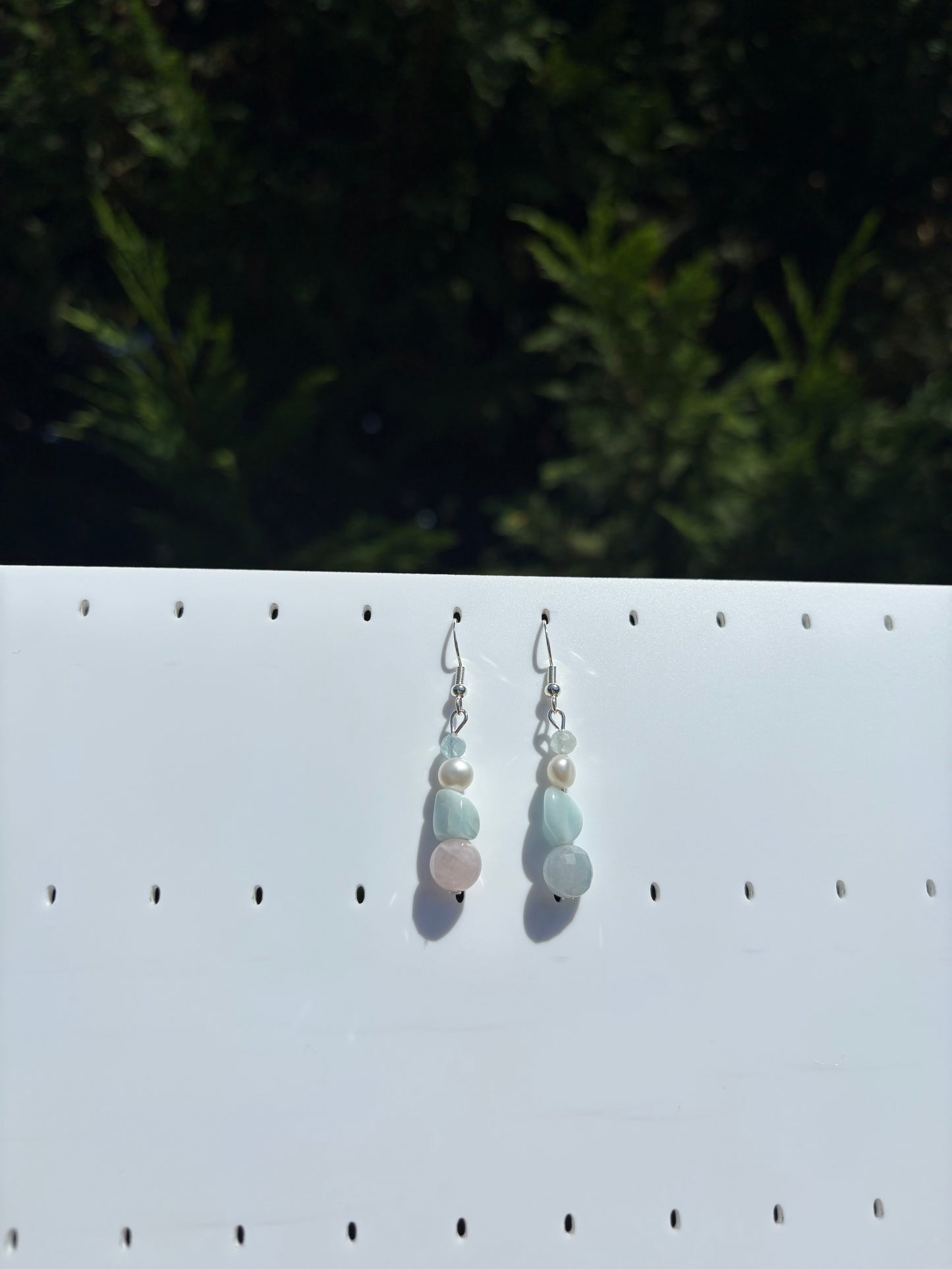 Rainbow Beryl, Freshwater Pearl, Larimar & Aquamarine earrings