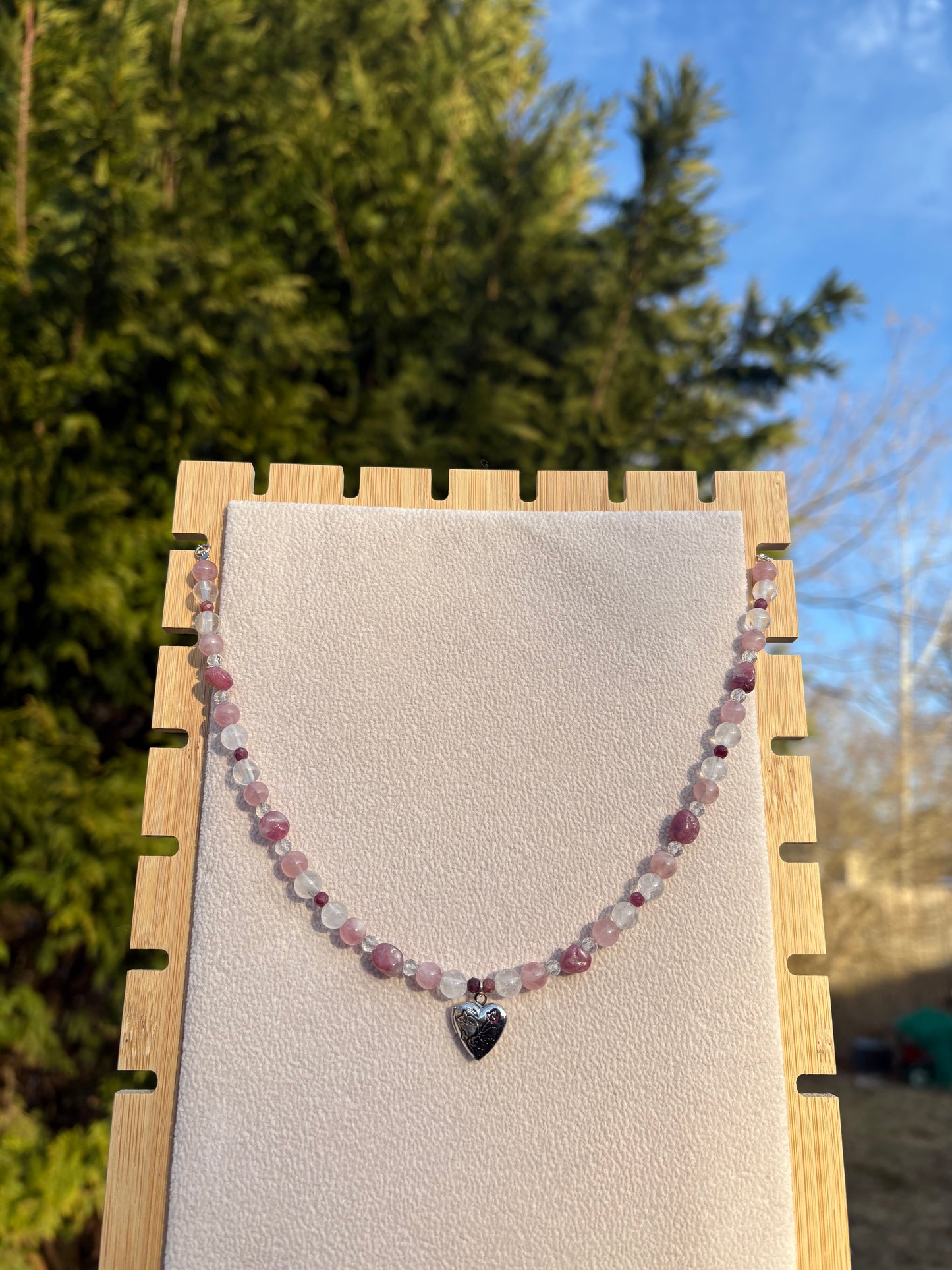 Pink Tourmaline, Rose Quartz, Topaz, Selenite Cupid’s necklace