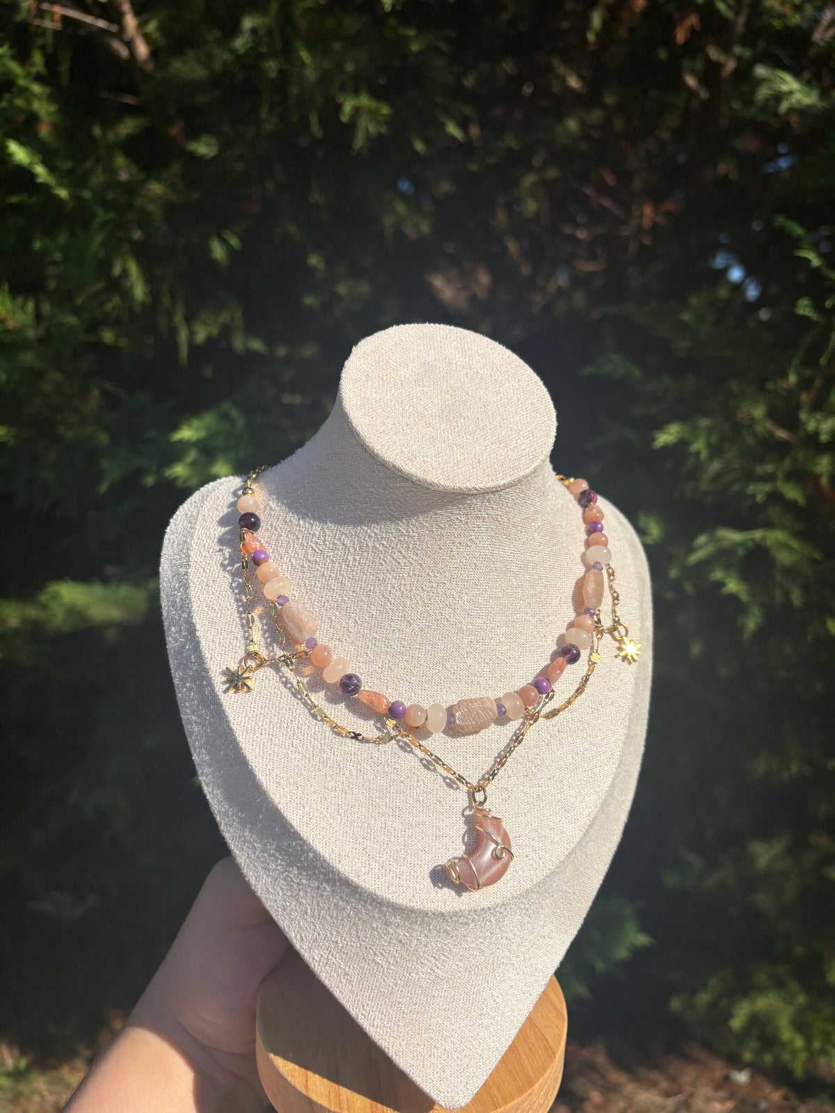 Sunstone, Peach Moonstone, Peach Aventurine, Lepidolite, Phosphosiderite, Purple Fluroite necklace