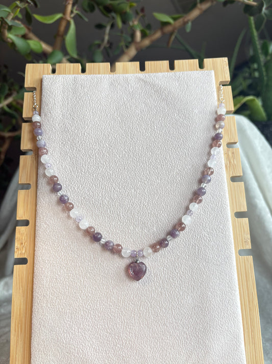 Lepidolite, Strawberry Quartz, White Jade, Topaz & Amethyst Cupid’s necklace
