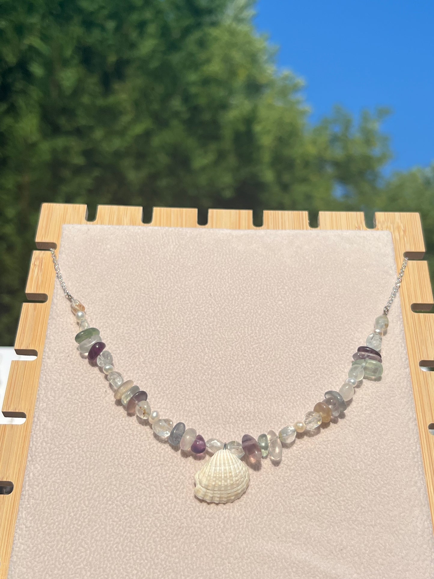 Fluorite & Topaz & Freshwater Pearl & Arca Shell mermaid necklace