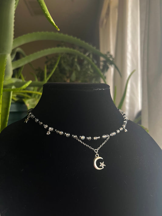 Tourmalated Quartz, Black Onyx, Gray Chalcedony, and Black Spinel Fairy Choker