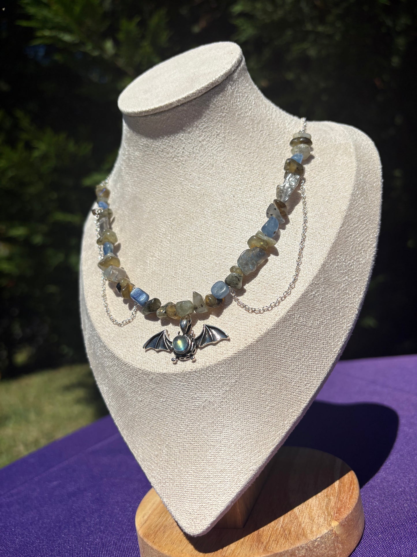 Blue Kyanite & Labradorite Bat Spooky Necklace
