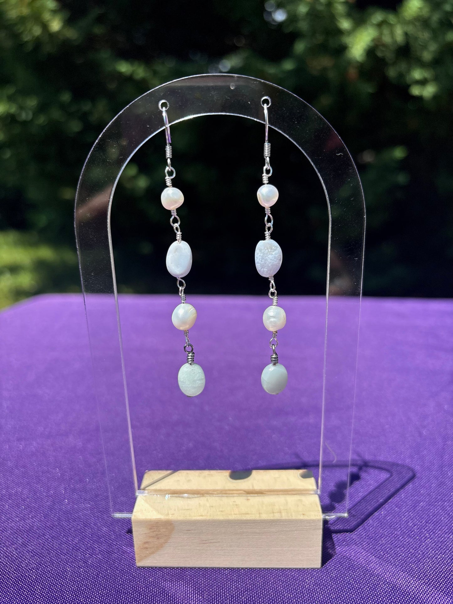 Blue Lace Agate, Freshwater Pearl, Amazonite earrings