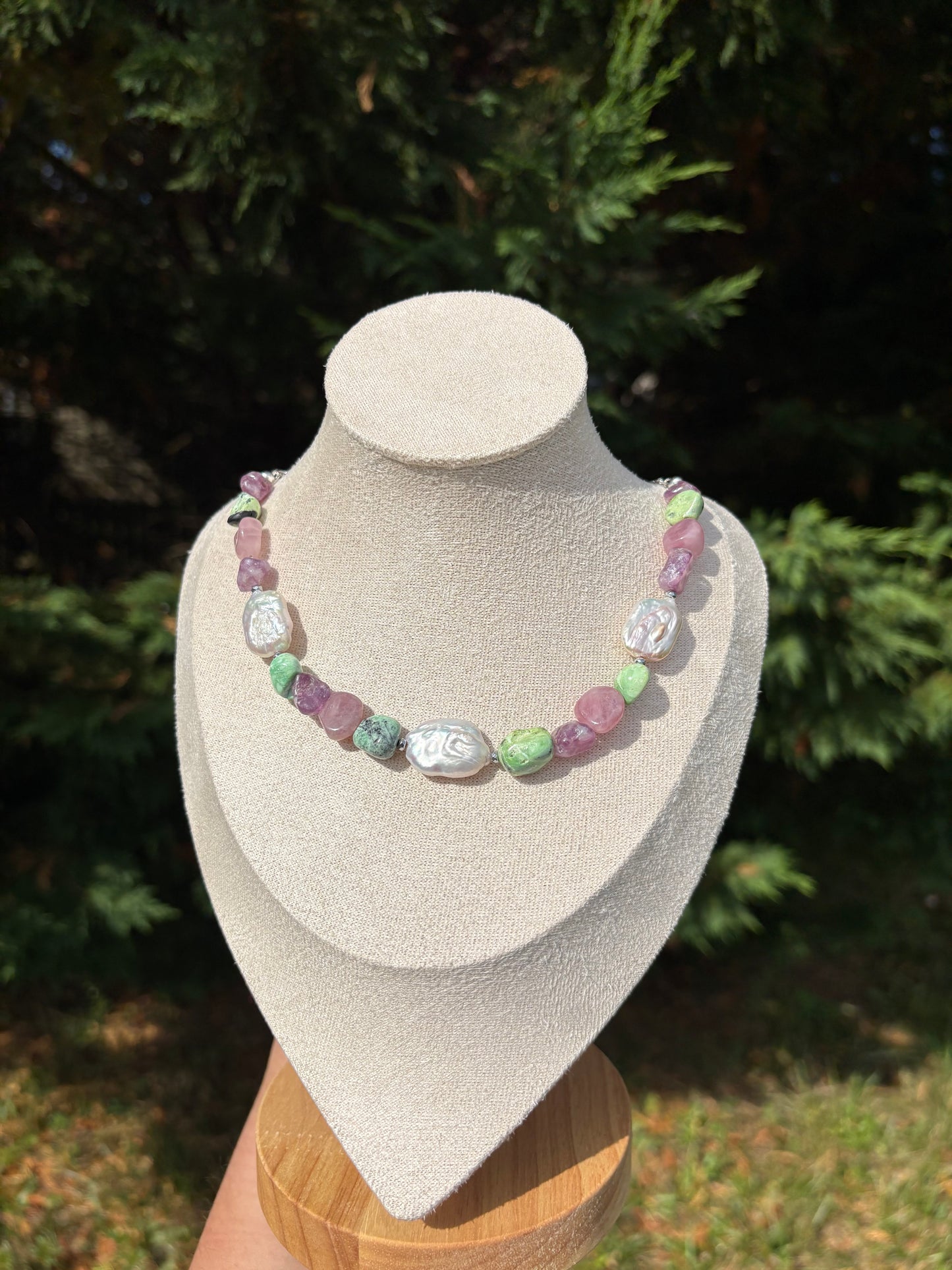 Variscite, Lepidolite, Baroque Freshwater Pearl, Rose Quartz necklace