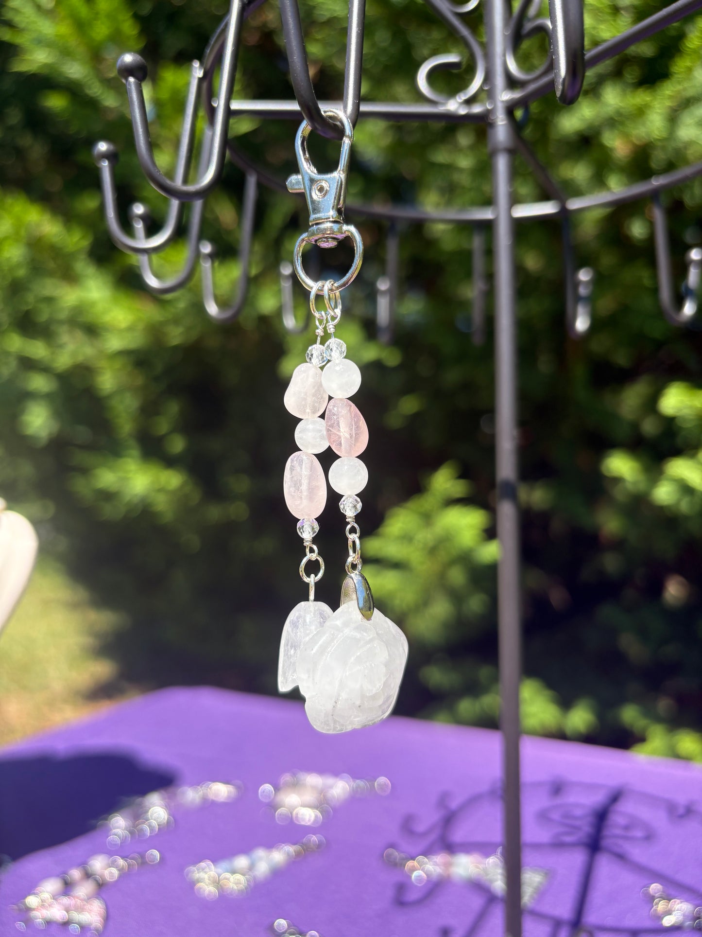 Rose Quartz & White Jade Flower Charm