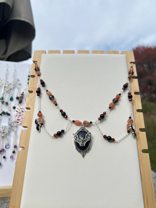 Sunstone, Smoky Quartz, Hessonite Garnet, Black Onyx Spooky Necklace