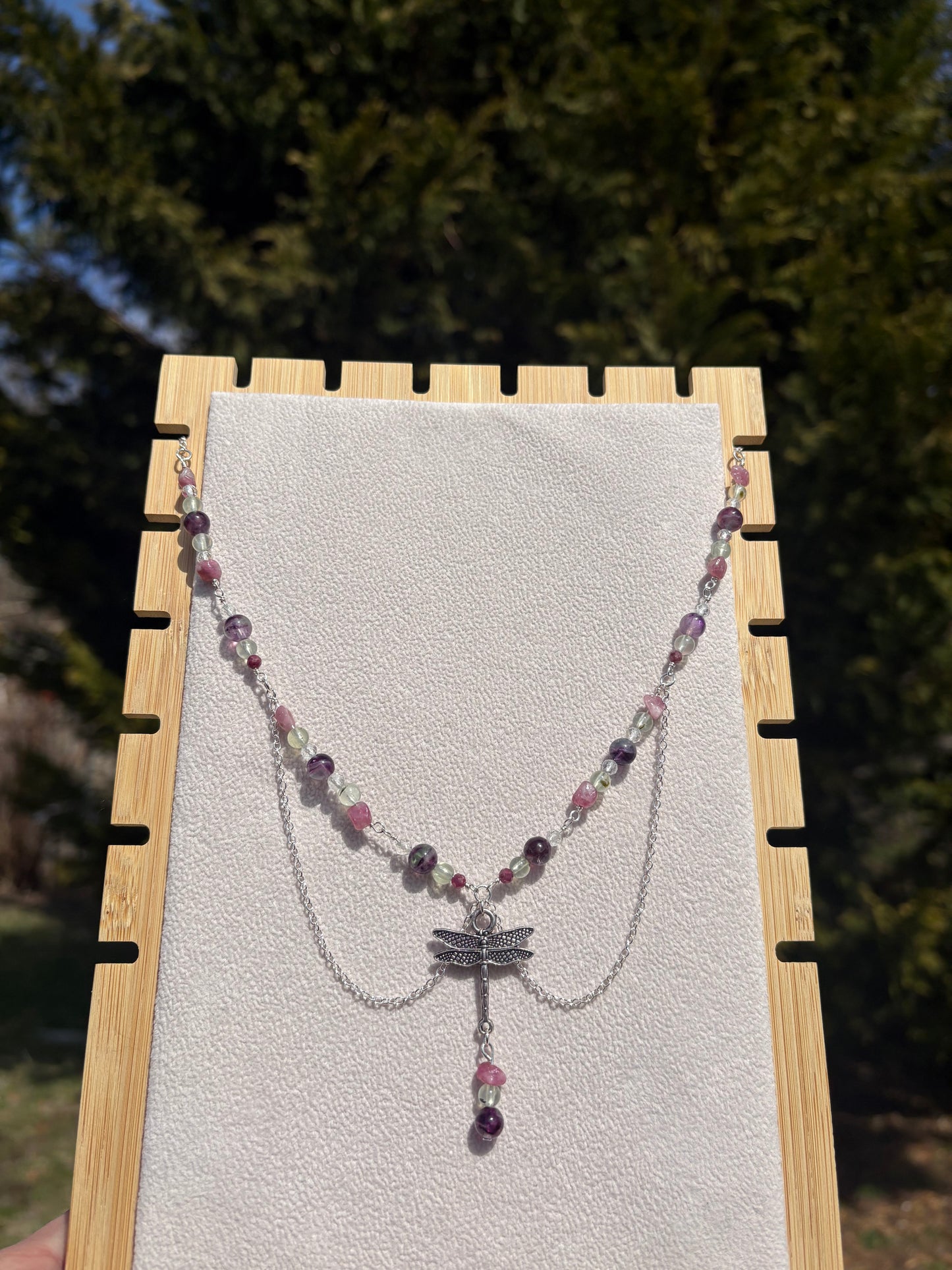 Pink Tourmaline, Prehnite, Fluorite & Topaz Dragonfly necklace