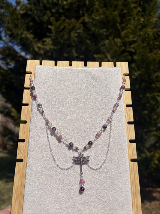 Pink Tourmaline, Prehnite, Fluorite & Topaz Dragonfly necklace