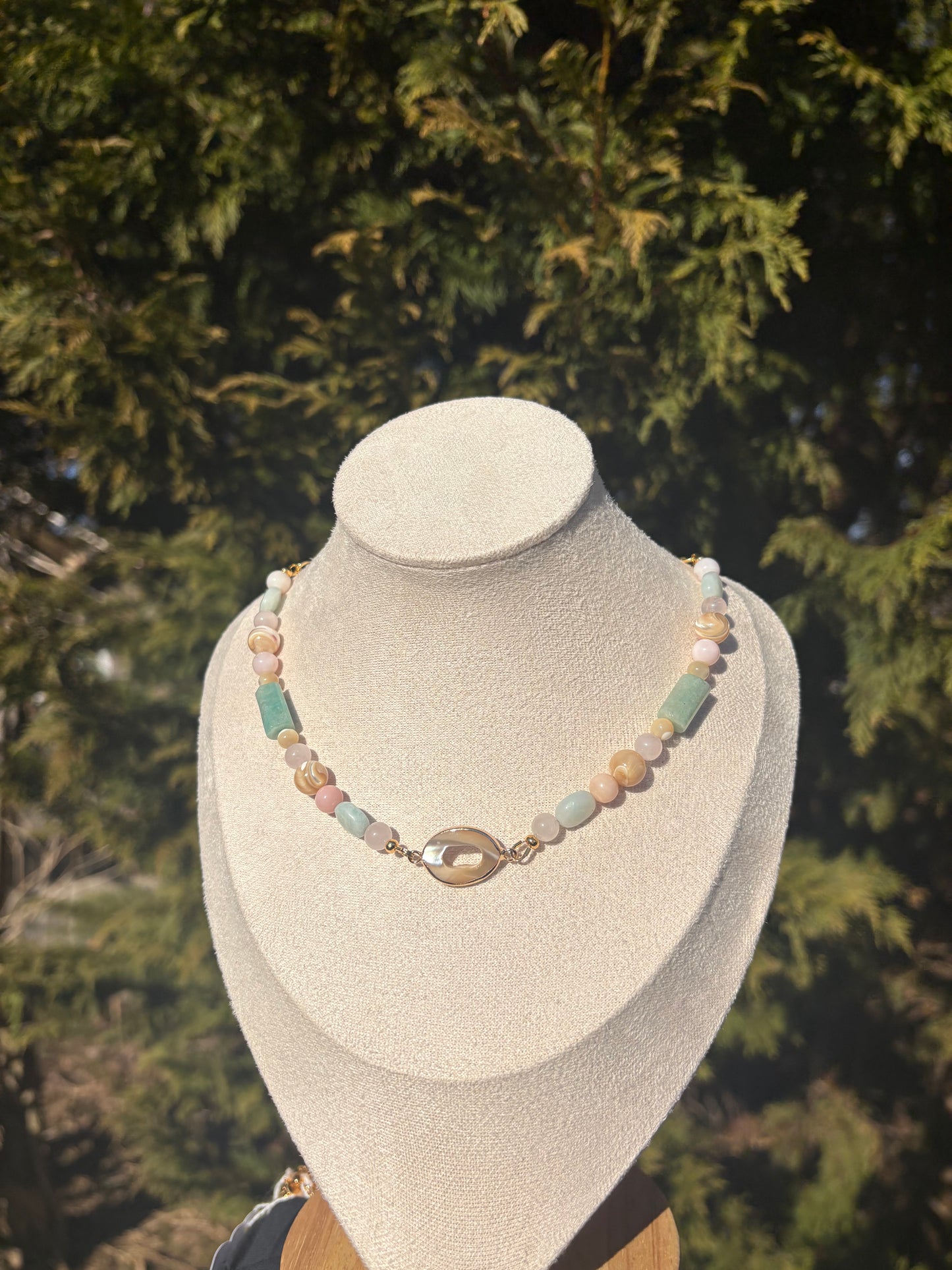 Mother of Pearl, Rose Quartz, Pink Opal, and Amazonite necklace