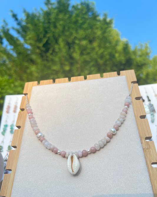 Morganite & Pink Opal & Freshwater Pearl mermaid necklace