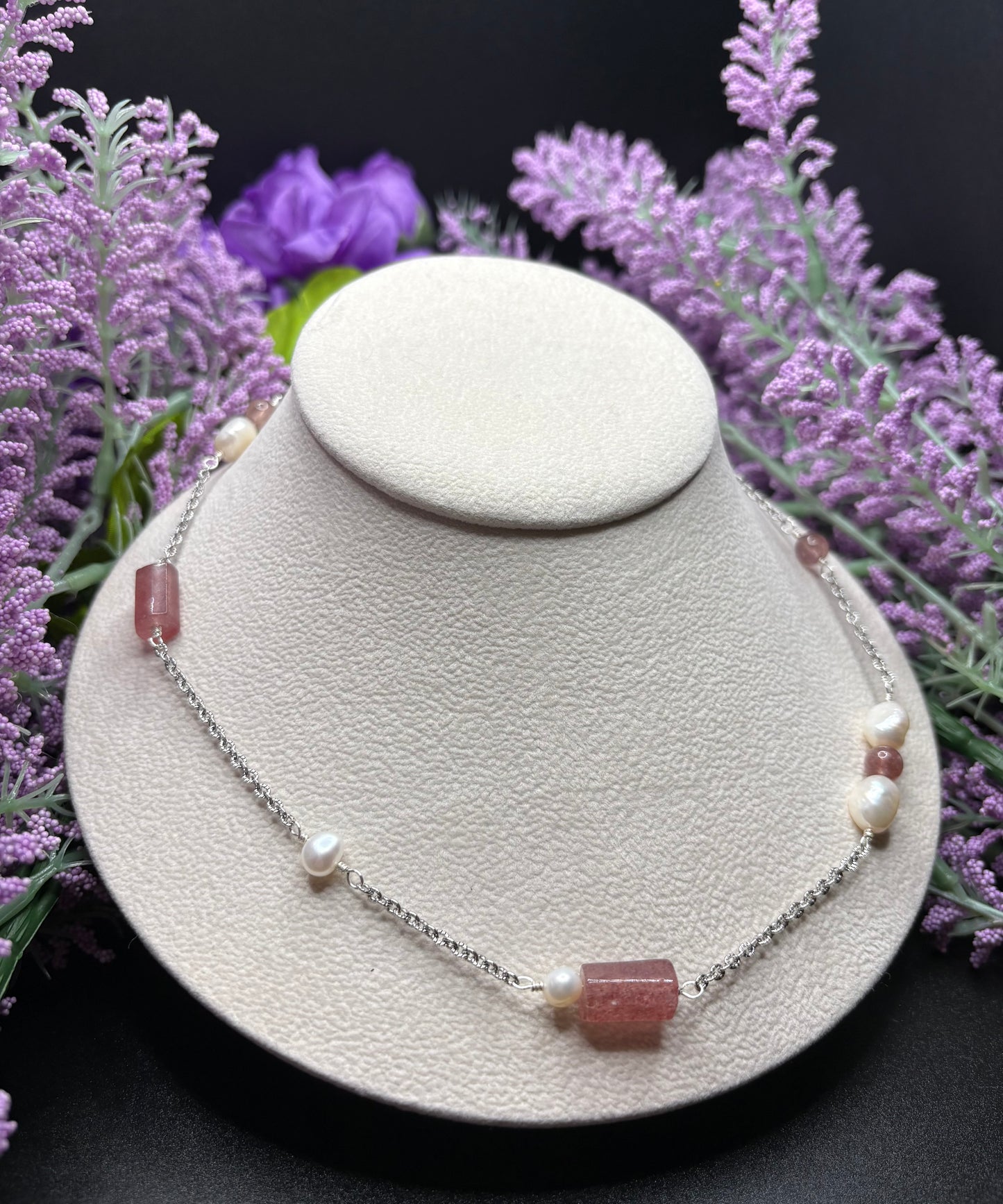 Strawberry Quartz & Freshwater Pearl asymmetrical necklace