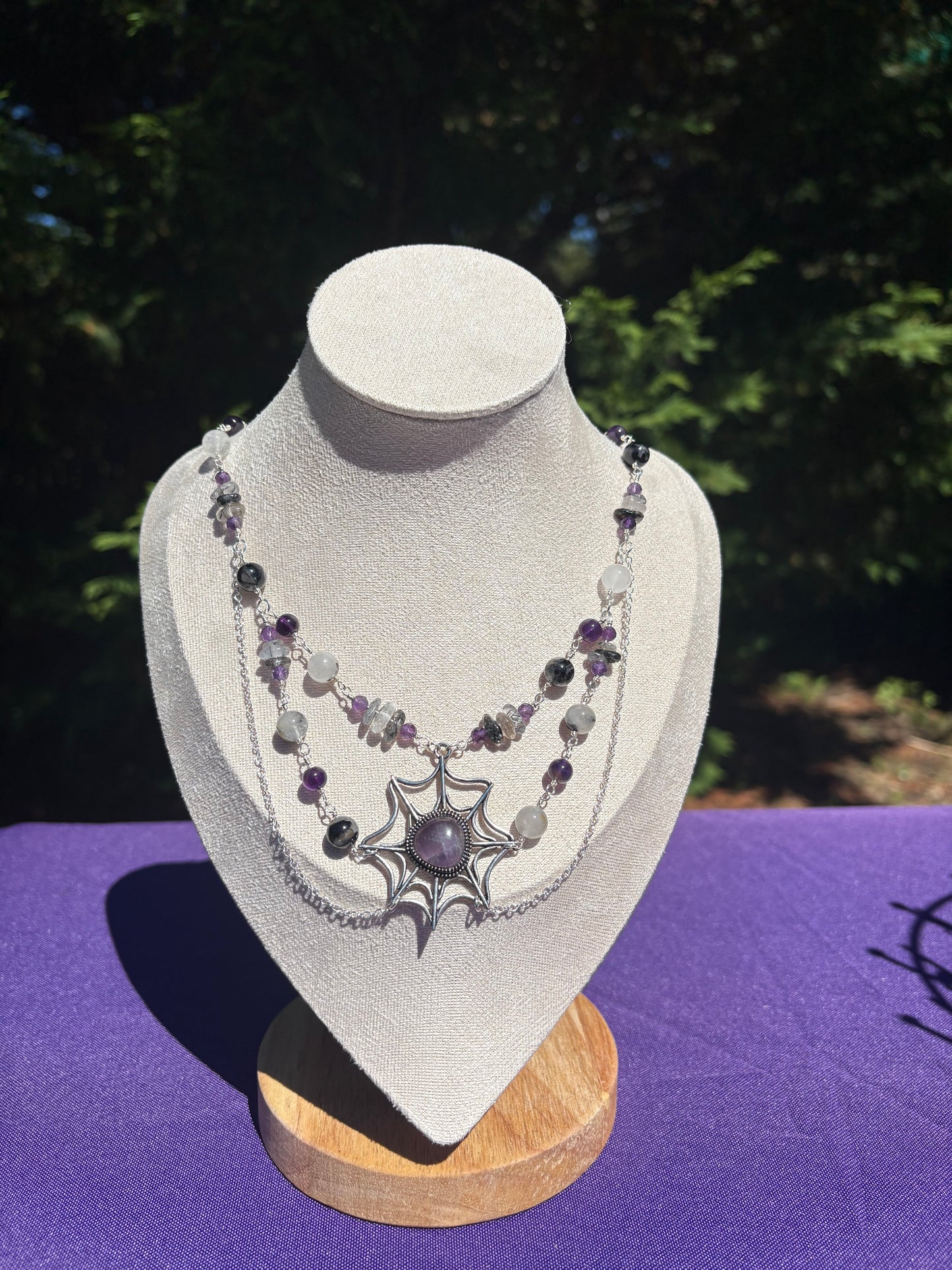 Tourmalated Quartz & Amethyst Web Spooky Necklace