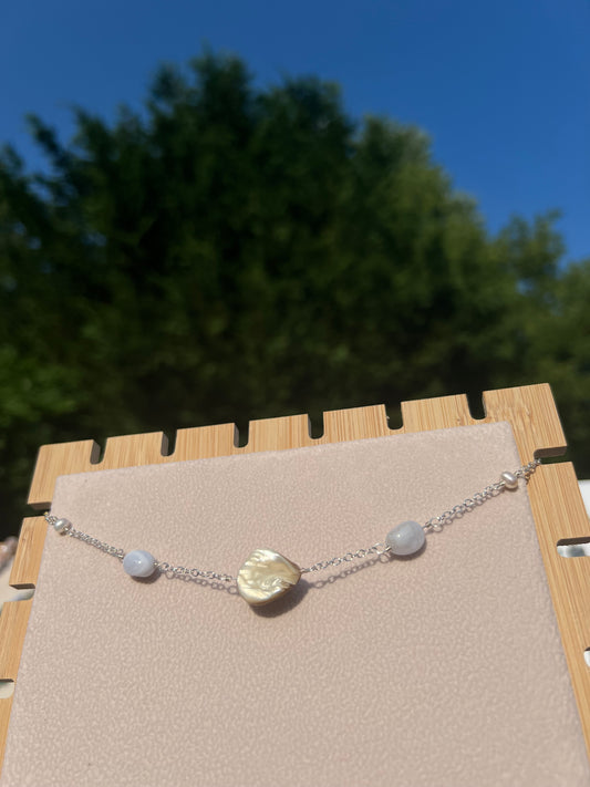 Blue Lace Agate & Freshwater Pearls & Mother of Pearl mermaid necklace