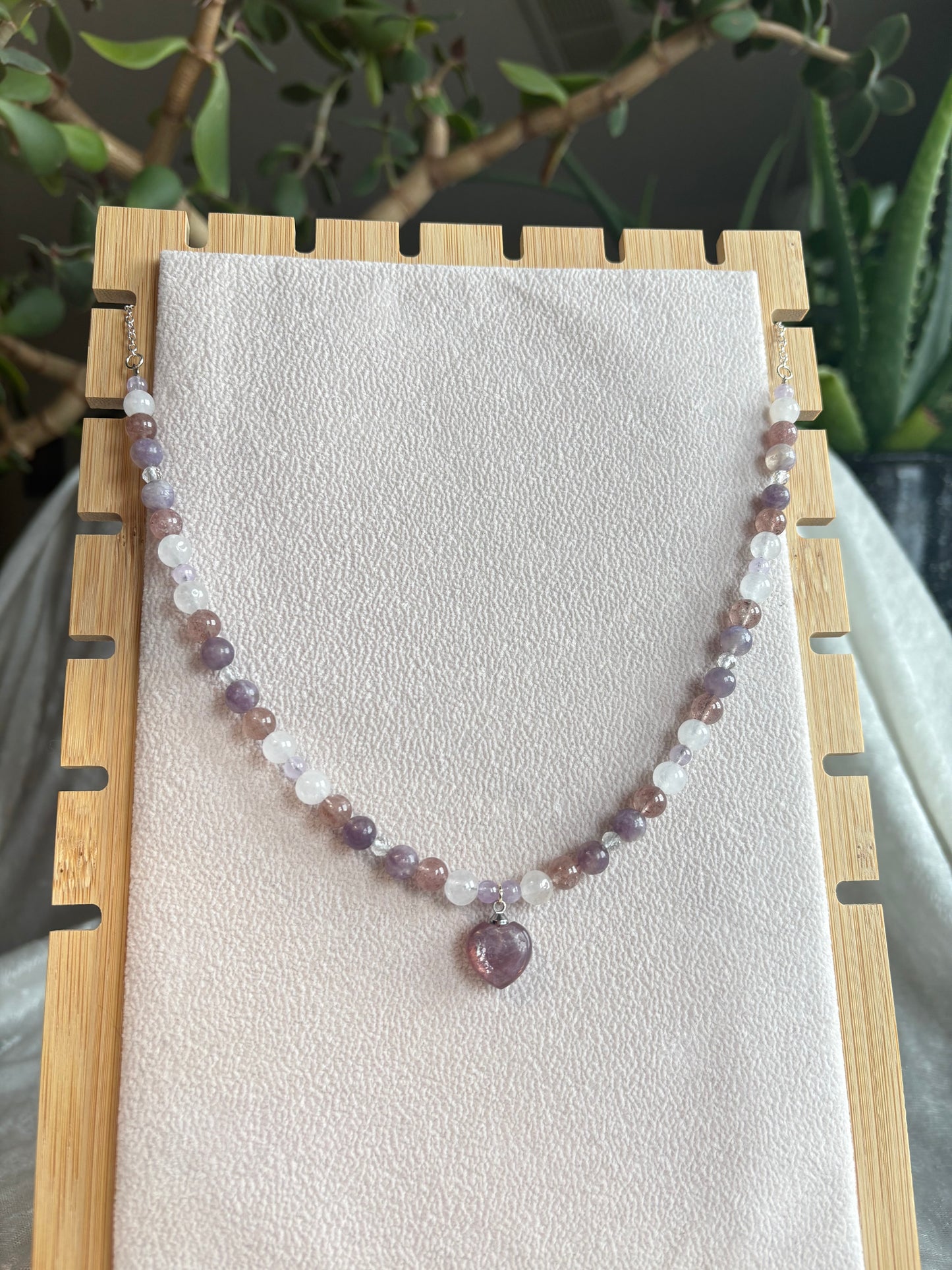 Lepidolite, Strawberry Quartz, White Jade, Topaz & Amethyst Cupid’s necklace