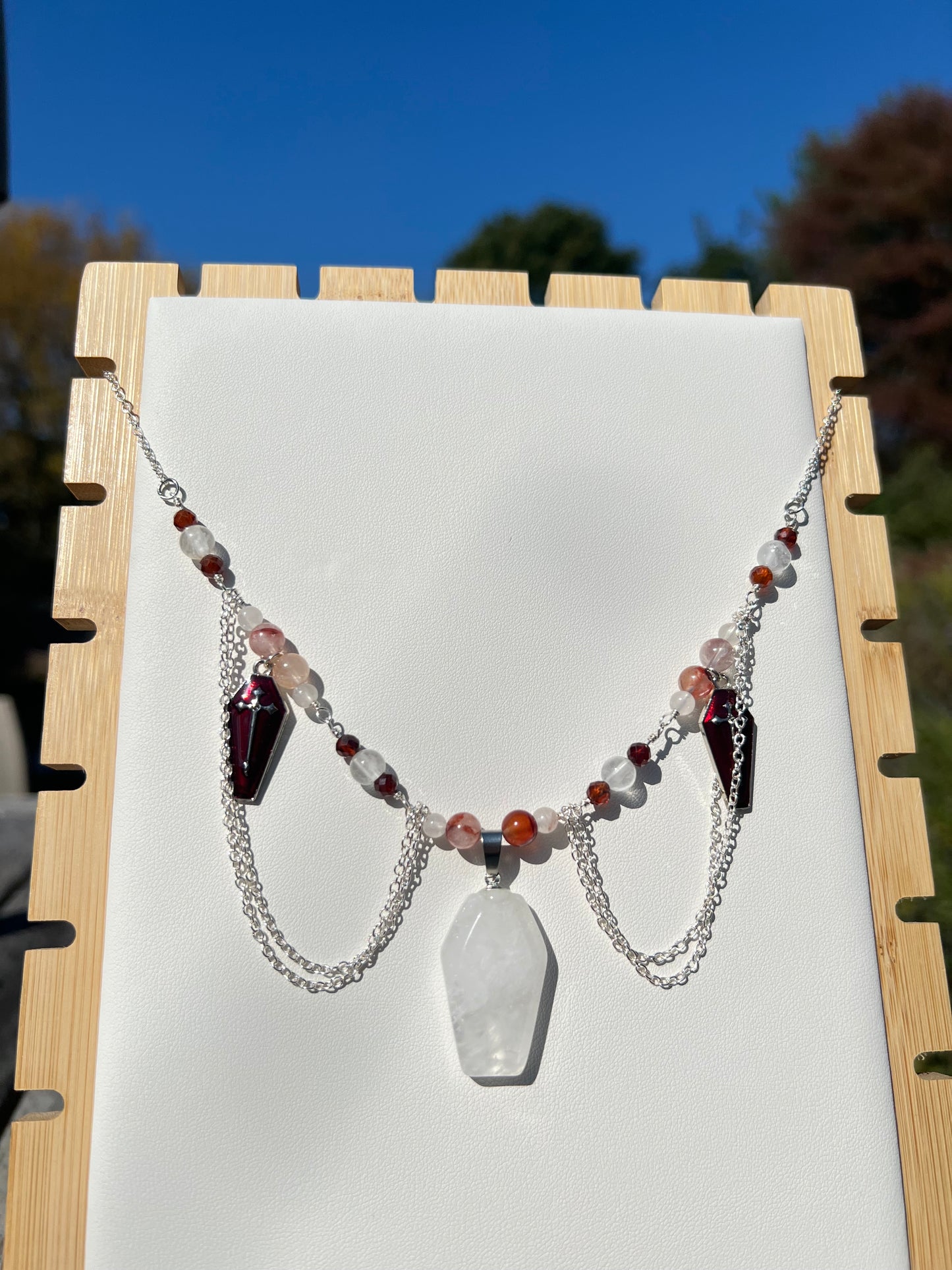 Lepidocrocite Hematoid Quartz, Clear Quartz, Garnet Spooky necklace