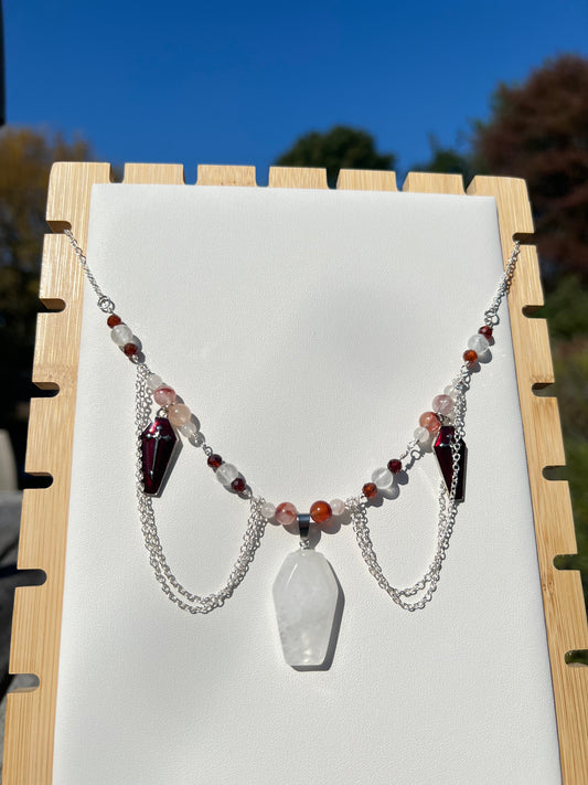 Lepidocrocite Hematoid Quartz, Clear Quartz, Garnet Spooky necklace