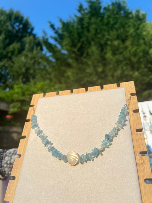 Aquamarine & Freshwater Pearl & Mother of Pearl necklace