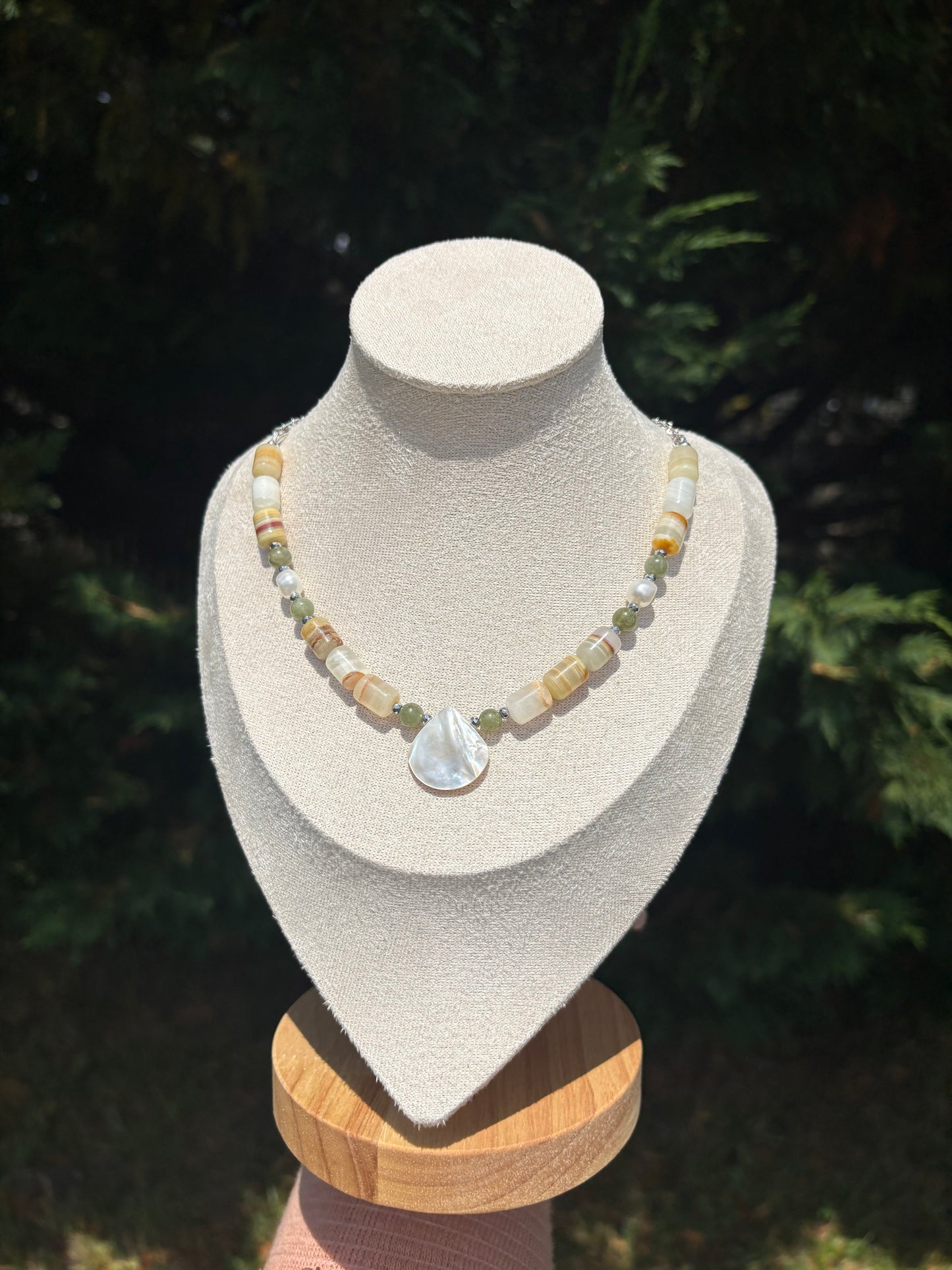 Green Onyx, Green Apatite, Freshwater Pearl, Silver Hematite, and Mother of Pearl necklace
