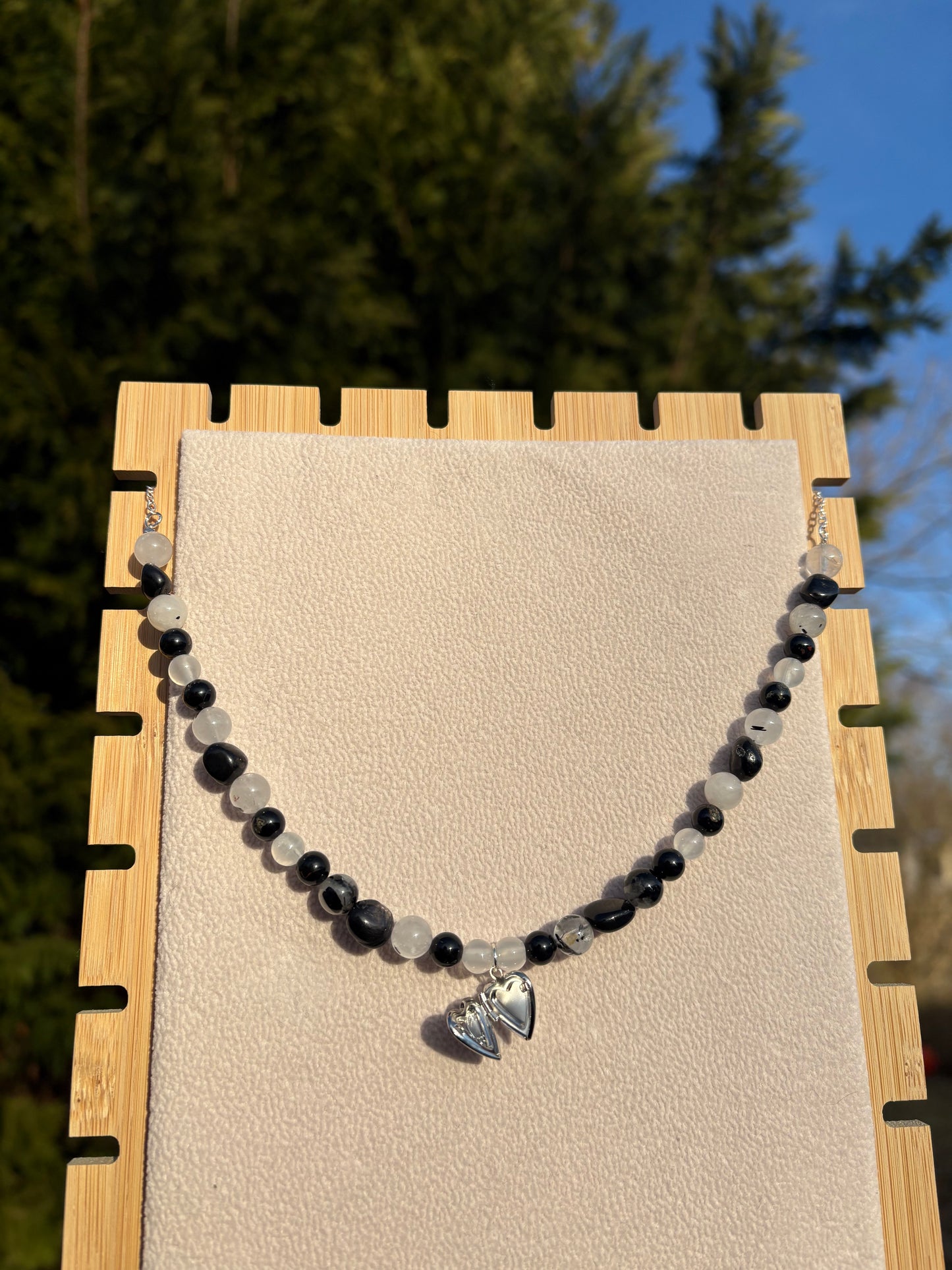 Hypersthene, Tourmalated Quartz, Selenite, & Black Tourmaline Cupid’s necklace