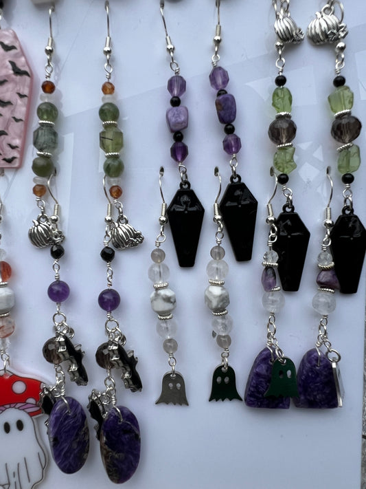 White Howlite, Clear Quartz, Gray Chalcedony Spooky Earrings