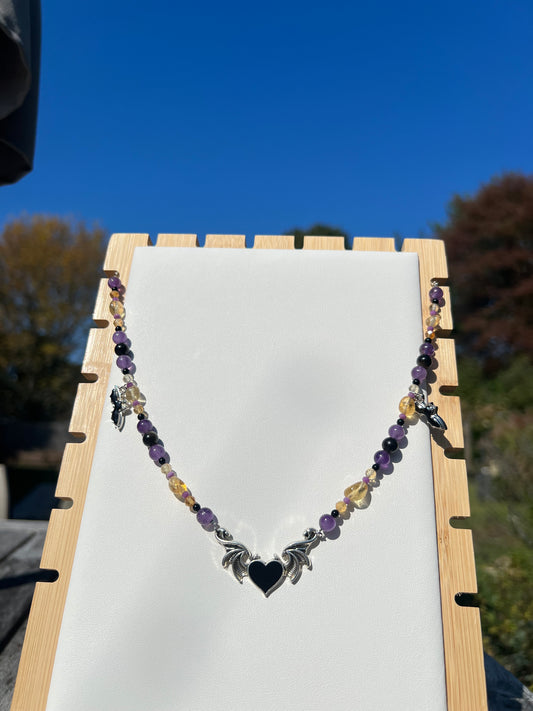 Citrine, Amethyst, Phosphosiderite, Silver Sheen Obsidian, Black Onyx Spooky Necklace