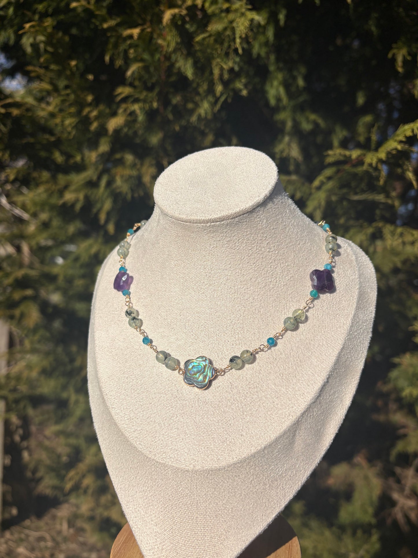 Prehnite, Amethyst, Blue Apatite, Abalone Shell Necklace
