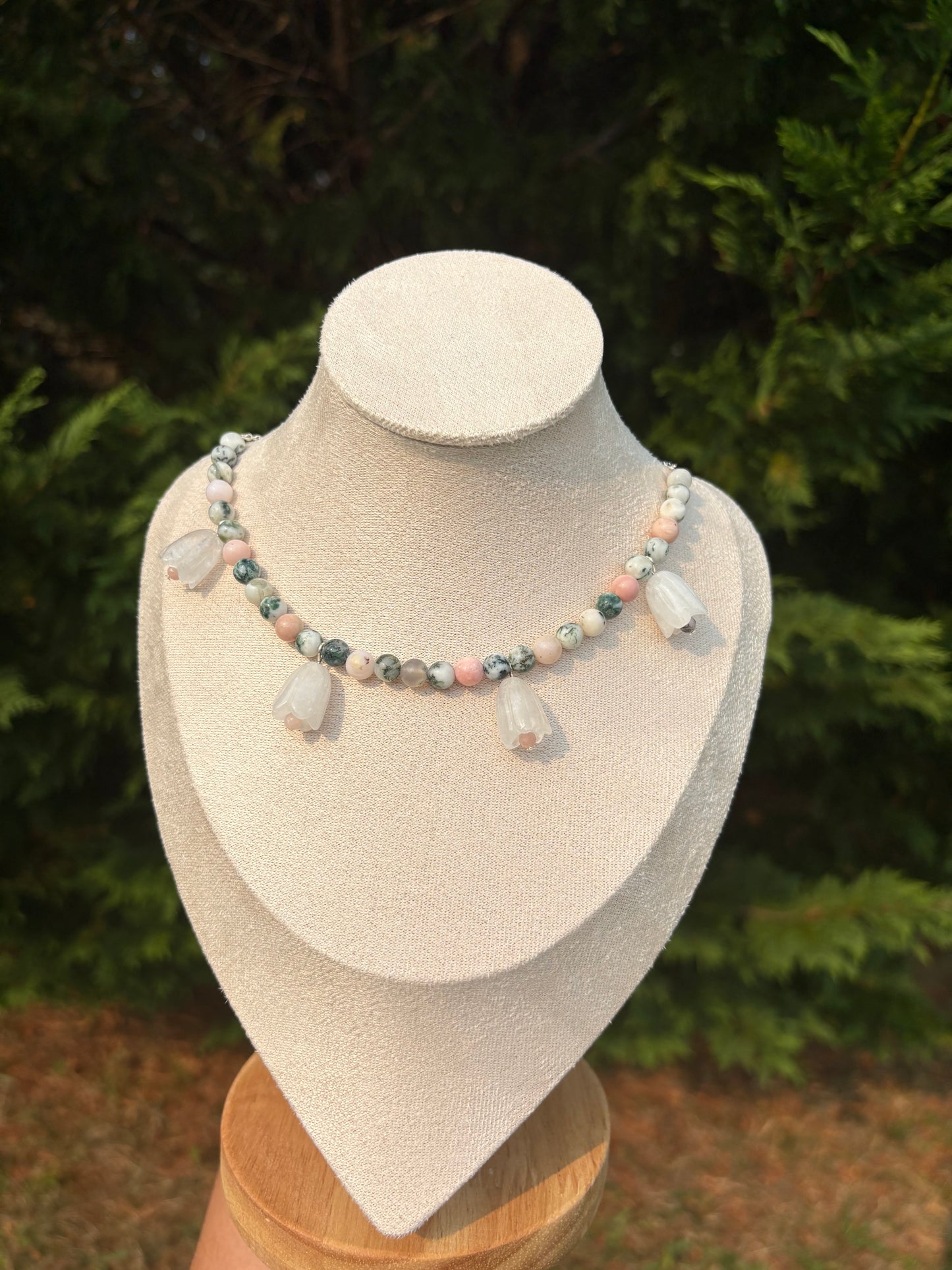 Moss Agate & Peruvian Pink Opal & White Quartz flower necklace