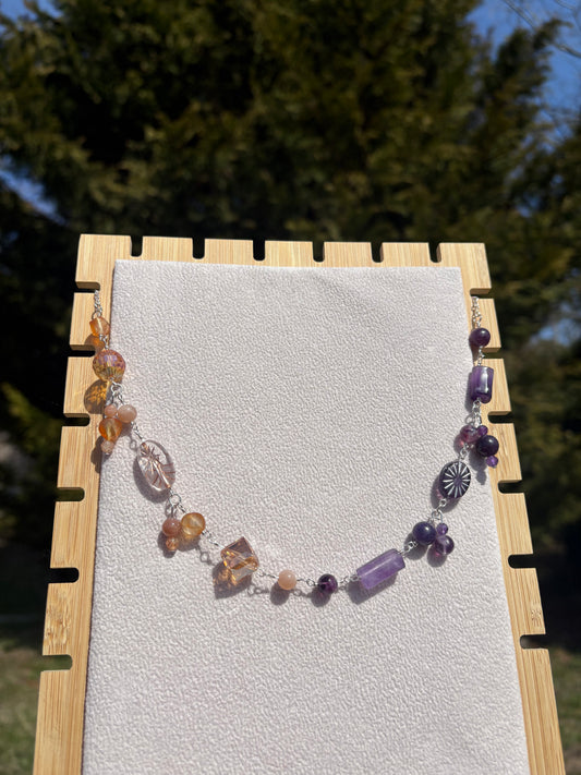 Amethyst, Lepidolite, Fluorite, Carnelian, Sunstone, & Peach moonstone necklace