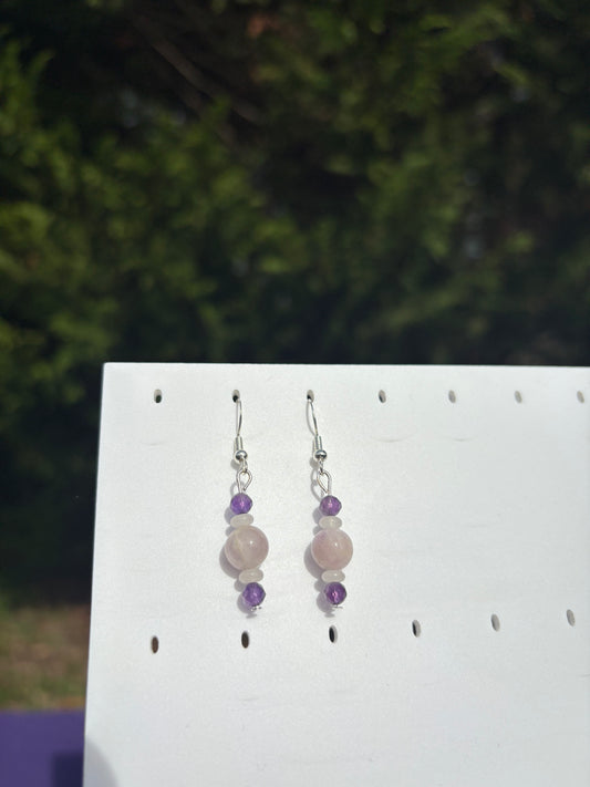 Kunzite, Amethyst, and White Jade Earrings